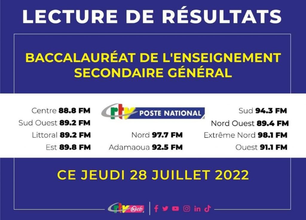 Résultats Baccalauréat général 2022 Cameroun - Région du littoral, Ouest, Centre, Sud, Est, Sud-ouest, Nord-Ouest, Nord et Extreme-Nord